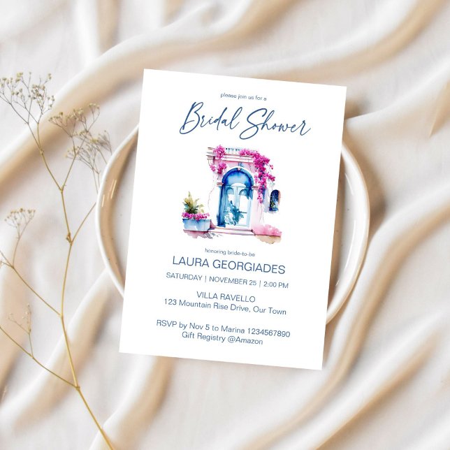 Bougainvillea Mediterranean themed möhippa Inbjudningar (Bougainvillea Mediterranean blue themed bridal shower editable template Invitation digital download)