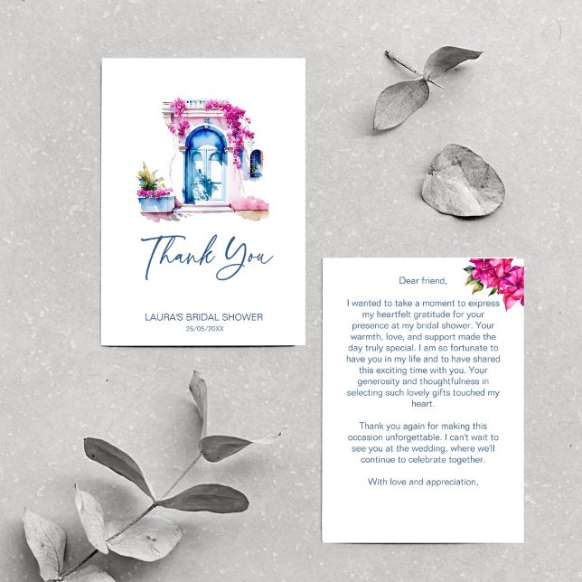 Bougainvillea Mediterranean themed möhippa Tack Kort (Bougainvillea Mediterranean themed bridal shower Thank You Card bridal shower thank you)