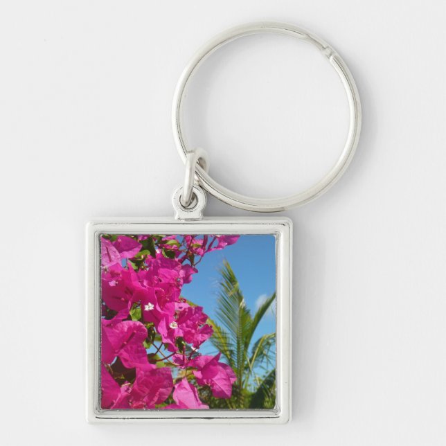 Bougainvillea och den tropiska naturområdet Handfl Fyrkantig Silverfärgad Nyckelring (Framsidan)