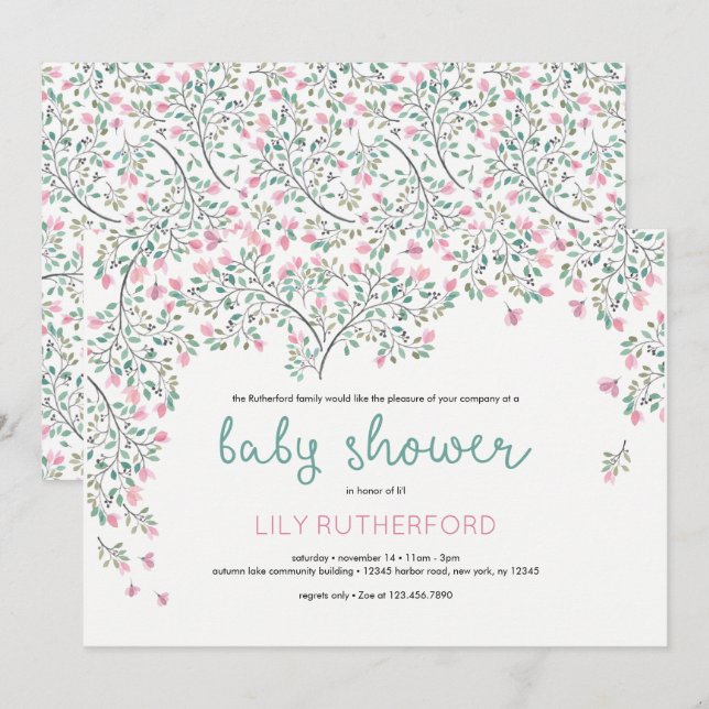 Bougainvillea Watercolor Baby Shower Inbjudningar (Fram/baksida)