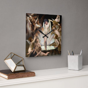 Bouguereau's Änglar Surround Cupid Fyrkantig Klocka