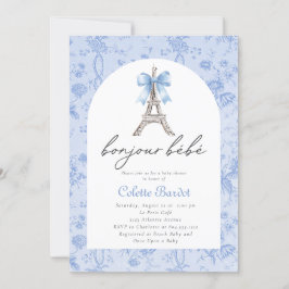 Boujour Bebe Paris Fransk Toile Blue Baby Shower Inbjudningar