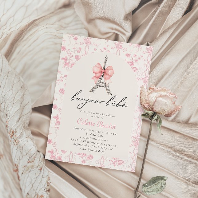 Boujour Bebe Paris Fransk Toile Rosa Baby Shower Inbjudningar (BonJour Bebe - Bridal Shower Invitation)