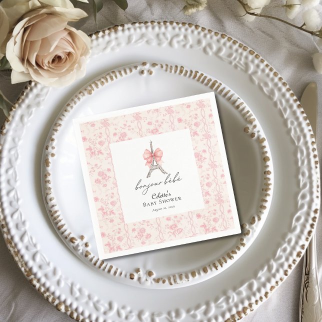 Boujour Bebe Paris Fransk Toile Rosa Baby Shower Pappersservett (Bon Jour Be be Baby Shower Cocktail Napkins )
