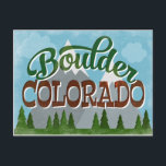 Boulder Colorado Snowy Mountains Vykort<br><div class="desc">Boulder Colorado neo vintage resor poster väggkonst i tecknad retro stil. Den har snöberg och skogar under med roligt och lycklig-text.</div>