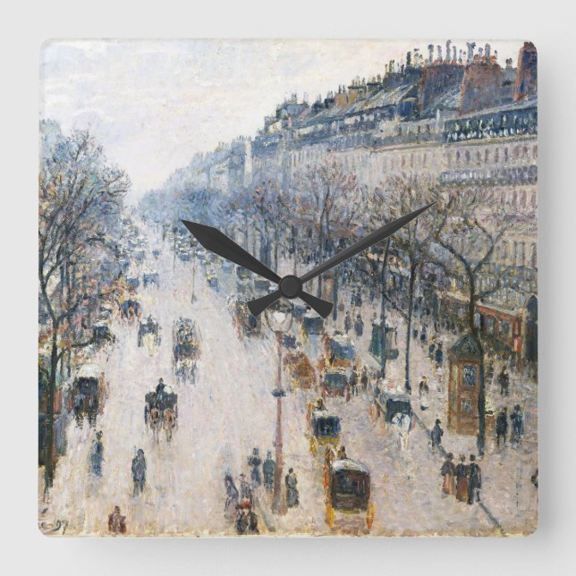 Boulevard Montmartre by Pissaro Acrylic Wall Clock Fyrkantig Klocka (Framsida)