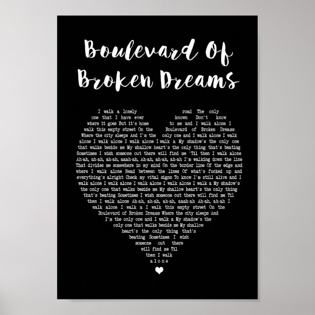 Boulevard of Broken Dreams Black Heart Sång Lyric Poster (Framsidan)