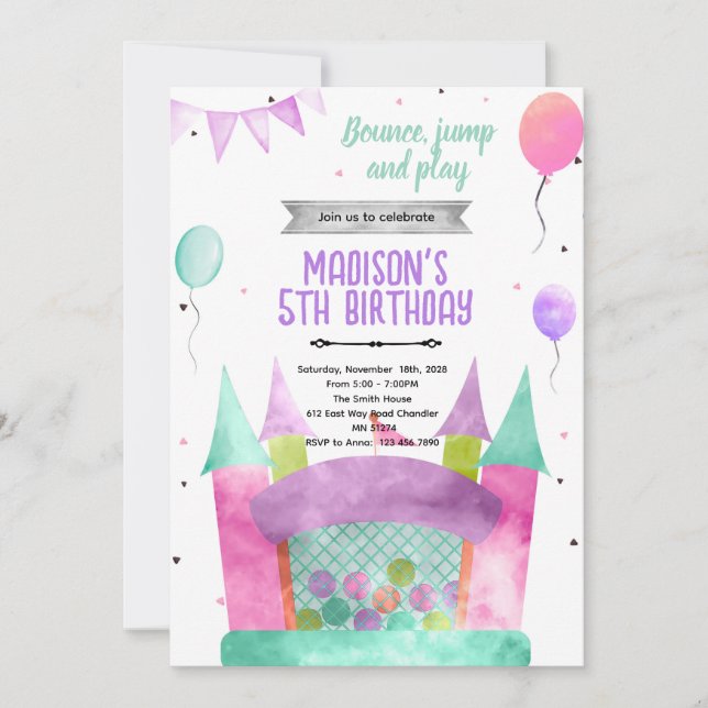 Bounce house girl theme invitation inbjudningar (Framsida)