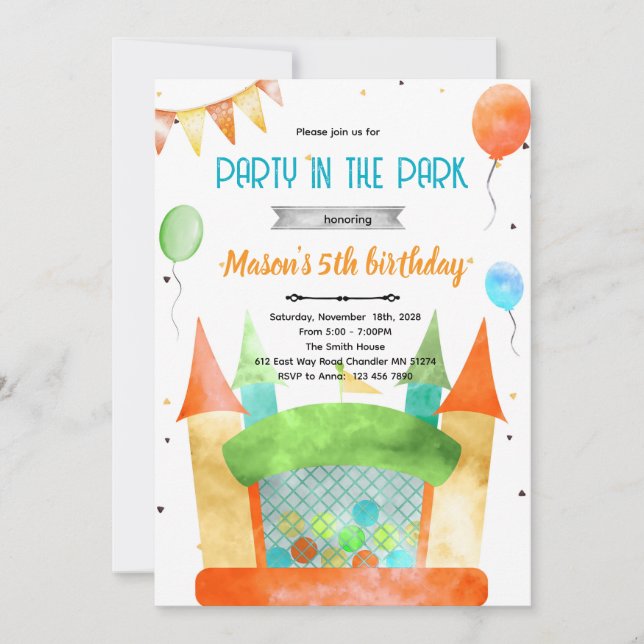 Bounce house theme party invitation inbjudningar (Framsida)