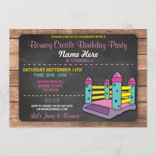 Bouncy Castle Party Jump Kids Rosa Birthday Inbjud Inbjudningar