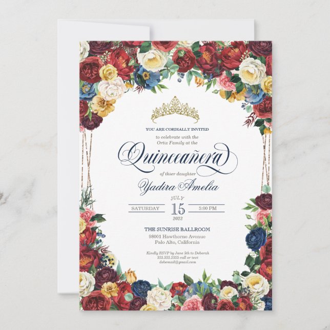Bounitful Garden Royal Blue Red Blommigt Quinceane Inbjudningar (Framsida)