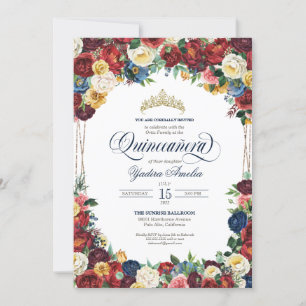 Bounitful Garden Royal Blue Red Blommigt Quinceane Inbjudningar