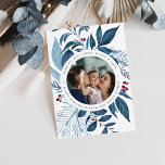 Bountiful | Watercolor Botanical Hanukkah Photo Julkort<br><div class="desc">Elegant Hanukkah photo card features a favorite photo surrounded by lush blue botanical foliage and tiny red berries. Personalize with a custom holiday greeting (shown with "wishing you light,  peace and love"),  and your names curved around the photo. Add four additional images to the back,  along with the year.</div>