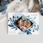Bountiful | Watercolor Botanical Hanukkah Photo Julkort<br><div class="desc">Elegant Hanukkah photo card features a favorite photo surrounded by a geometric border of lush blue botanical foliage and tiny white watercolor berries. "Wishing you love and light" appears at the upper right corner,  with your family name aligned at the lower left.</div>