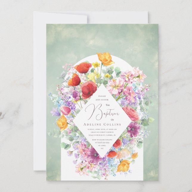 Bountiful Wildblommor Soft Watercolor Baptism Inbjudningar (Framsida)