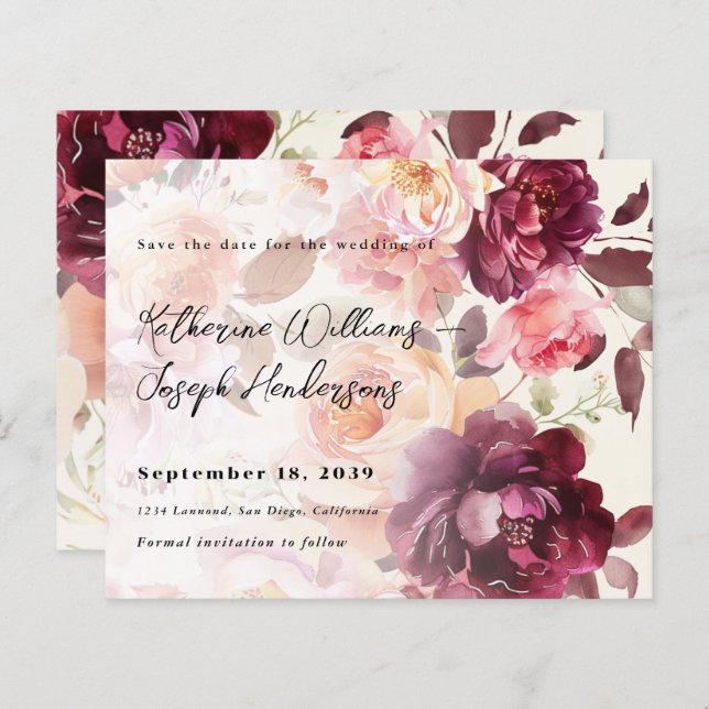 Bouquet Blommigt Burgundy Bröllop spara datum (Fram/baksida)