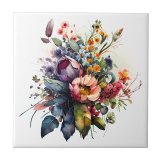 Bouquet-flowers Watercolor Ceramic Tile Kakelplatta