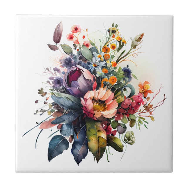 Bouquet-flowers Watercolor Ceramic Tile Kakelplatta (Framsidan)