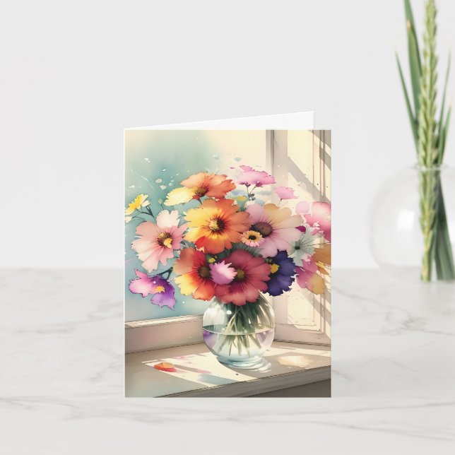 Bouquet i ett fönster tack kort (Framsida)