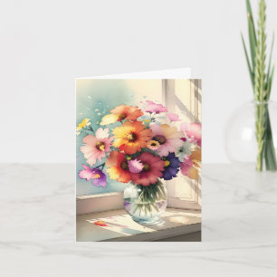 Bouquet i ett fönster tack kort