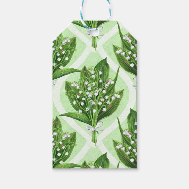 Bouquet lilly av dalen blommor på grönten presentetikett (Framsidan)