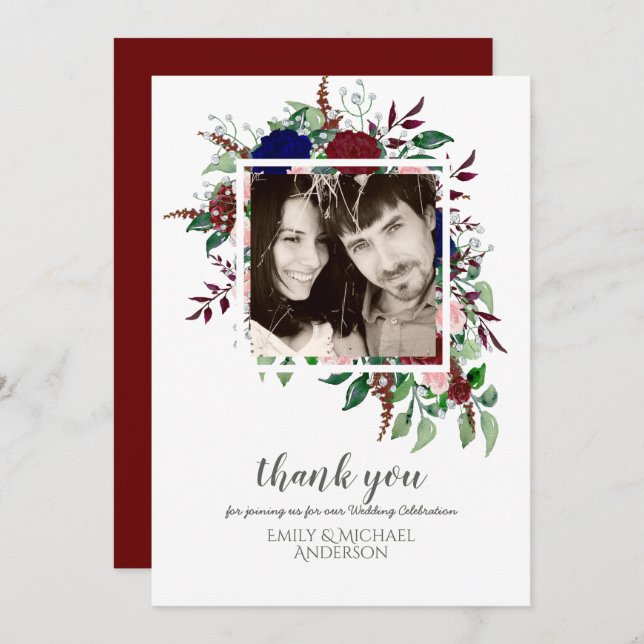 Bouquet Marsala Blue Rosa Flowers TACK Inbjudningar (Fram/baksida)