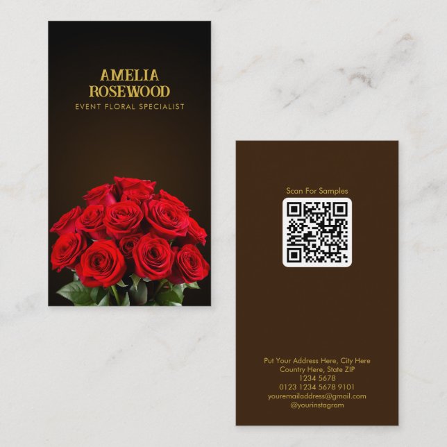 Bouquet Röd ros på Classy Mörk Brown QR-kod Visitkort (Fram/baksida)