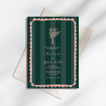 Bouquet Scalloped Emerald Rand Rosa Bröllop Inbjudningar<br><div class="desc">Bröllop-tema med text inuti hand plockade rosa ram med rosa blommigt botaniska linjen teckning över emerald grönt rand bakgrunden.</div>