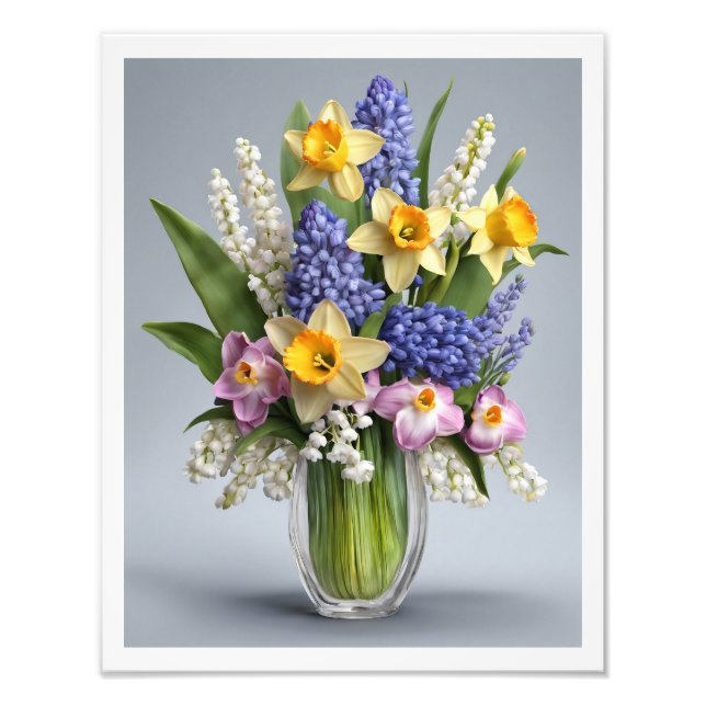 Bouquet Vår Daffodils Hyacinths Glass Vas Fototryck (Framsidan)