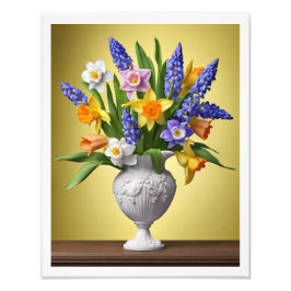Bouquet Vår Daffodils Hyacinths Wood Bord Fototryck