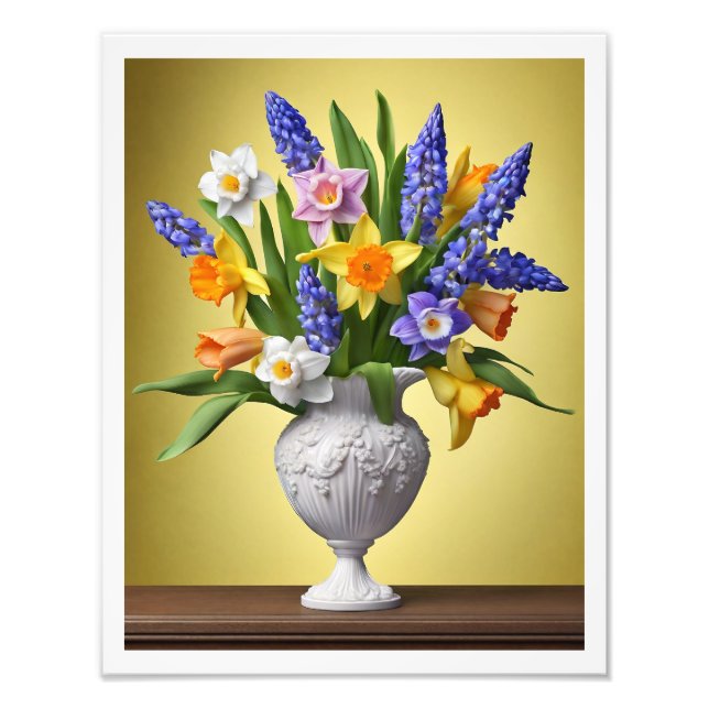 Bouquet Vår Daffodils Hyacinths Wood Bord Fototryck (Framsidan)