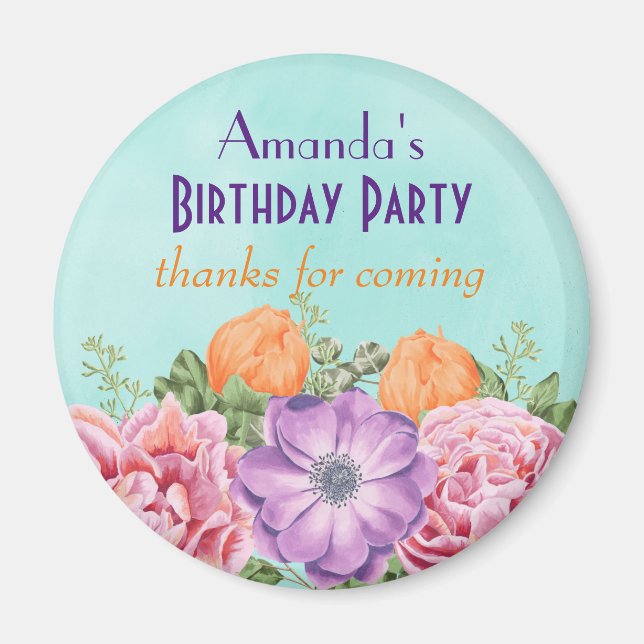 Bouquet Watercolor Flowers Birthday Tack Magnet (Framsidan)