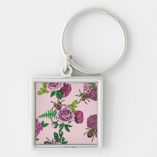 Bouquets och tarantula fyrkantig silverfärgad nyckelring (Framsidan)
