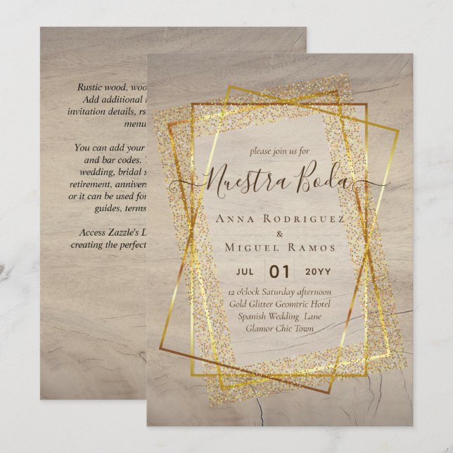 Bouraones de Boda, Spaniens budget Bröllop GULD Inbjudningar (Fram/baksida)