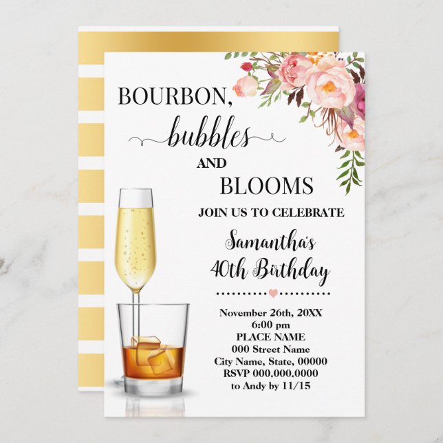 Bourbon, Bubbles & Blooms Vuxnor födelsedag Inbjudningar (Fram/baksida)
