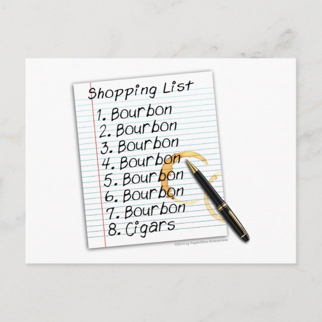 BOURBON SHOPPING LIST COCKTAIL HUMOR VYKORT (Framsida)