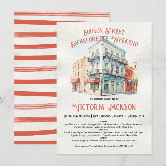 Bourbon Street Bachelorette Helg Möhippa Inbjudningar (Fram/baksida)