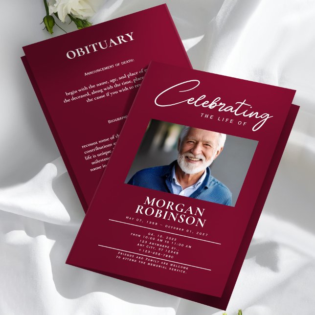 Bourgogne Begravningsprogram Firande av Liv Reklamblad (Funeral Program, Celebration of Life, Burgundy Flyer)