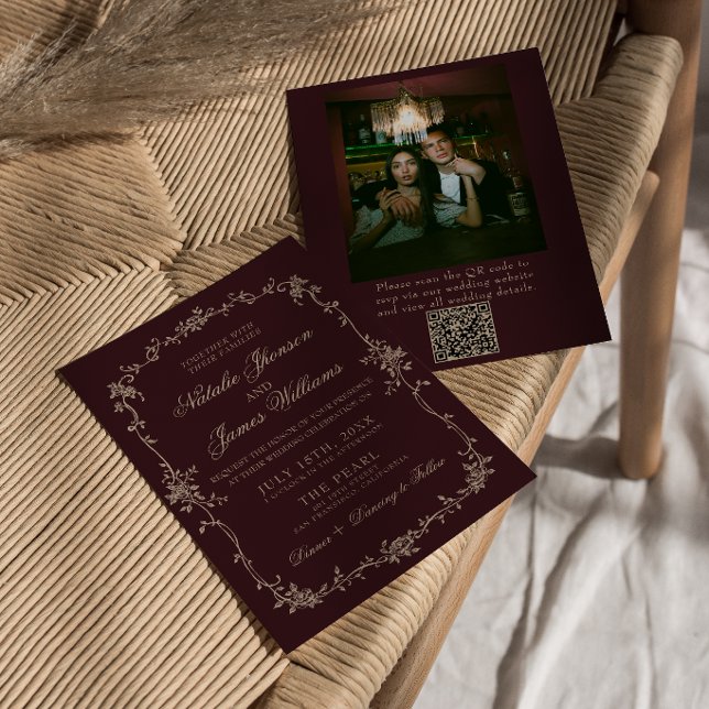 Bourgogne Blommig Gammaldags QR-kod Foto Bröllop Inbjudningar (Skapare uppladdad)