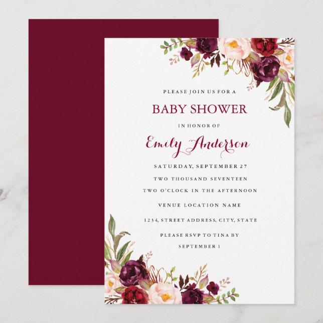 Bourgogne Blommig Höst Baby Shower Kort (Fram/baksida)