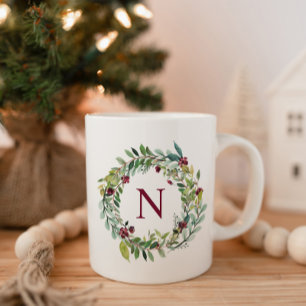 Bourgogne Blommig Krans Initial Monogram Kaffemugg