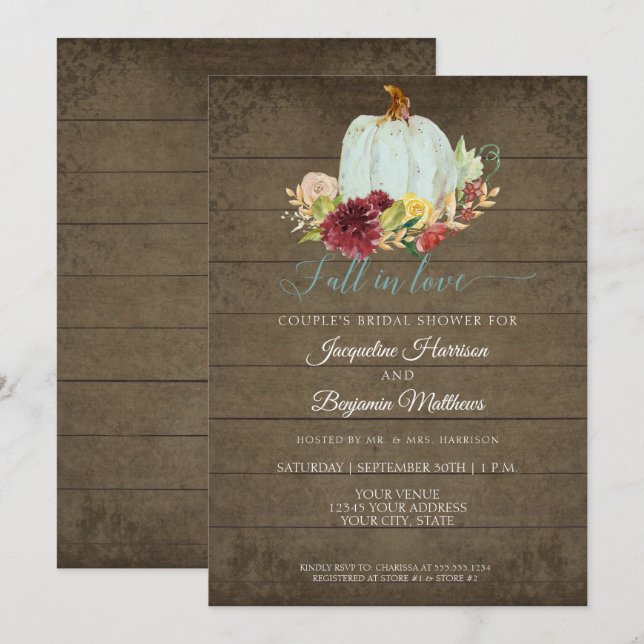 Bourgogne Blommig Rustik Trä Vattenfärg Pumpa Inbjudningar (Fram/baksida)