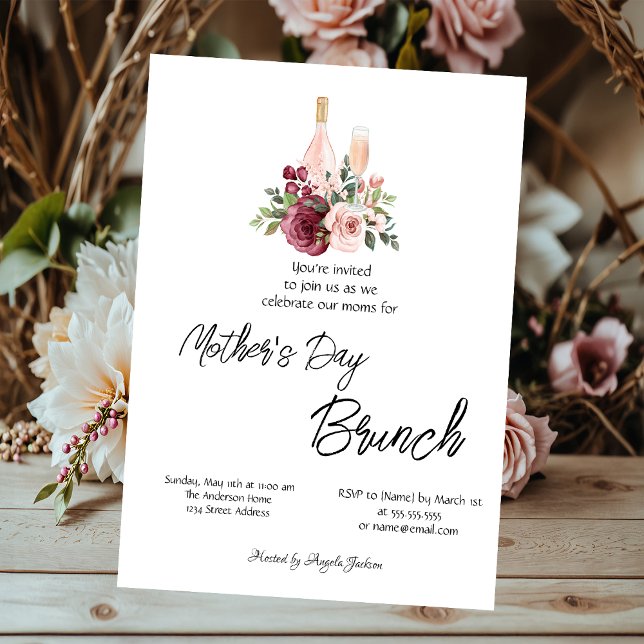 Bourgogne Blommig vin Mors dag Brunch Inbjudningar (Skapare uppladdad)