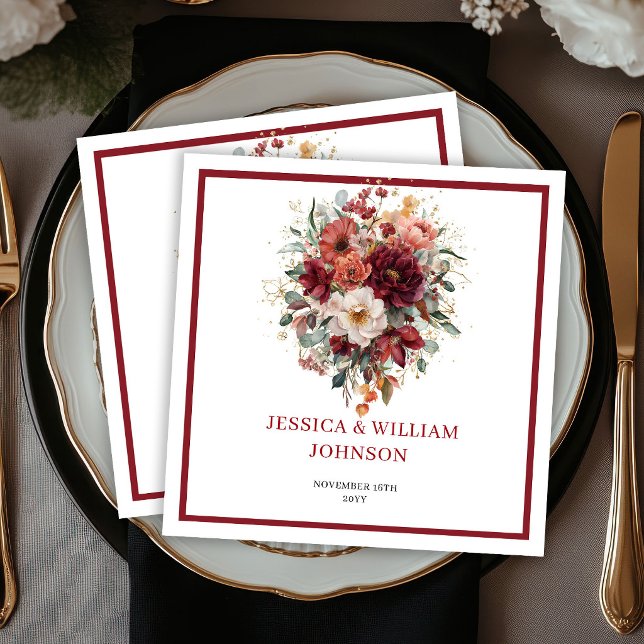 Bourgogne Boho Höstblommor Grönska Bröllop Pappersservett (Burgundy Boho Autumn Flowers Greenery Wedding Napkins

)