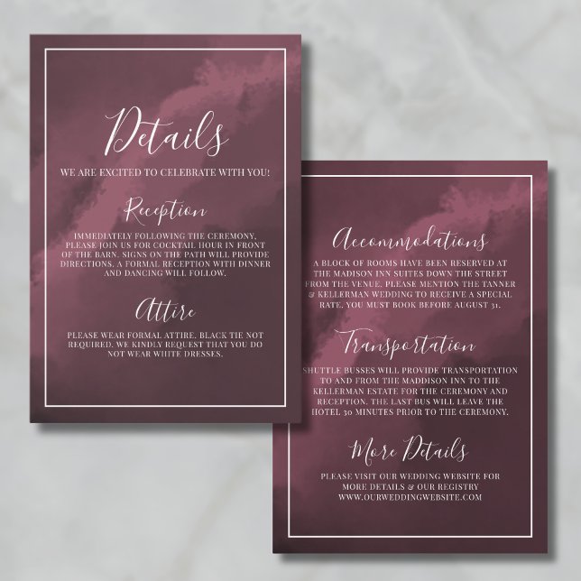 Bourgogne Bröllopsdetaljer Tilläggskort (Simple Burgundy Wedding Details Enclosure Card)
