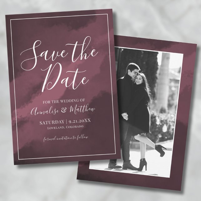 Bourgogne Foto Bröllop Spara Datum Inbjudningar (Watercolor Script Red Wedding Save the Date Invitation)