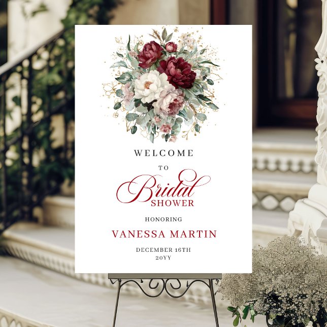 Bourgogne Guld Blommor Bröllopsdusch Välkommen Poster (Burgundy Gold Flowers Bridal Shower Welcome)