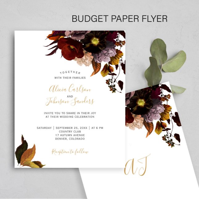 Bourgogne höst blomster rustik BUDGET bröllopsinbj Flygblad (Skapare uppladdad)