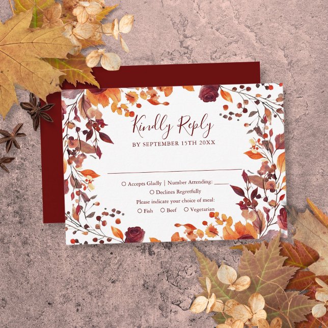 Bourgogne höst höstlöv Blommig bröllop OSA Kort (Burgundy Fall Autumn Leaves Floral Wedding RSVP Card)
