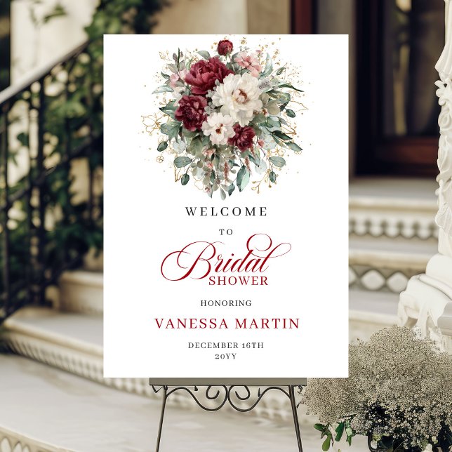 Bourgogne Marsala Blommig Bröllopsdusch Välkommen Poster (Burgundy Marsala Floral Bridal Shower Welcome)